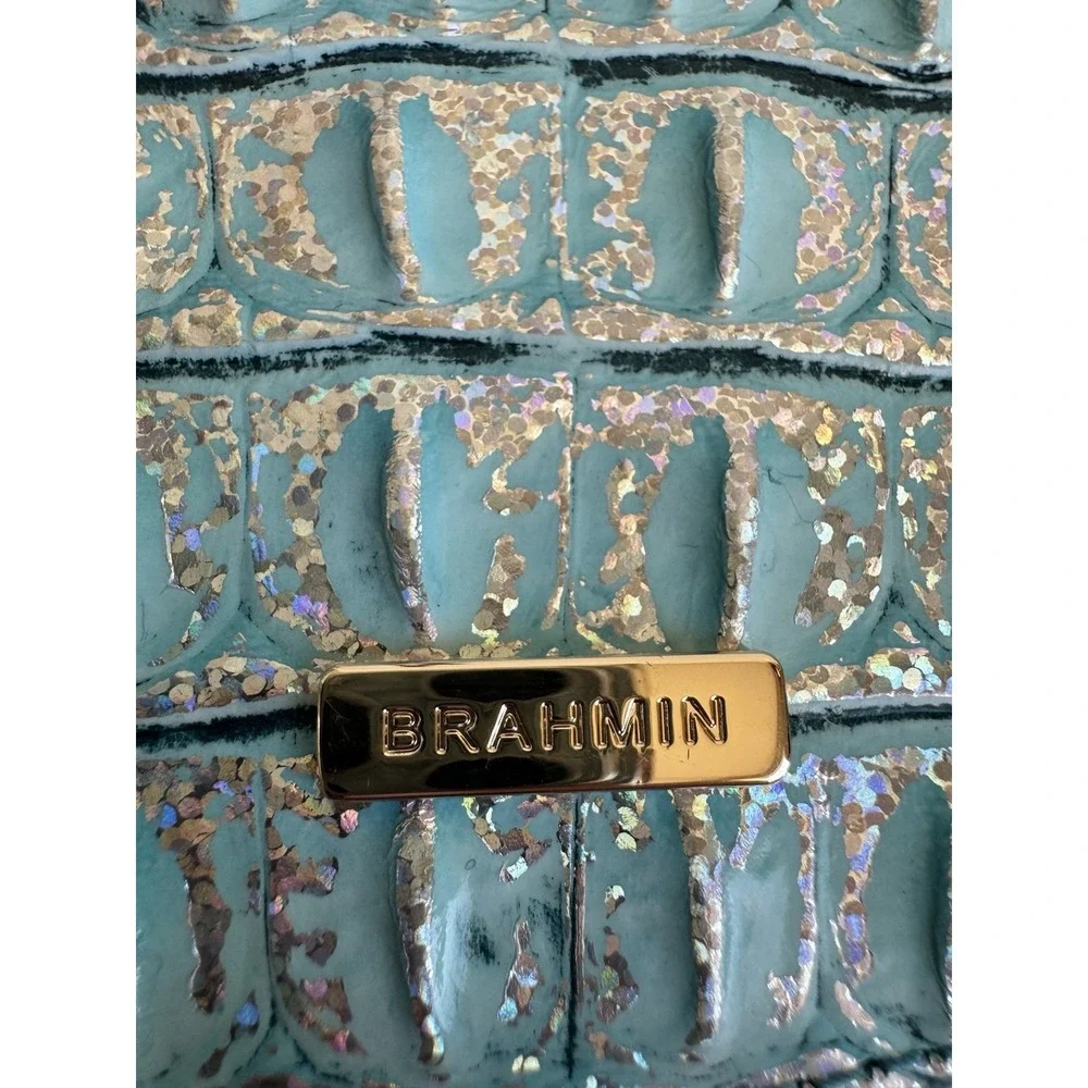 Brahmin Britt Arctic Blue Melbourne Croc Leather Clip On Coin Holder Charm Gold